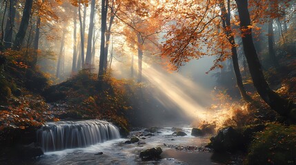 Serene autumn woodland scene with sunlit trees and a gentle waterfall cascading into a stream