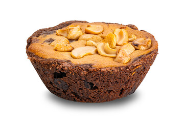 Side view of homemade delicious nut chocolate cake isolated on white background with clipping path.