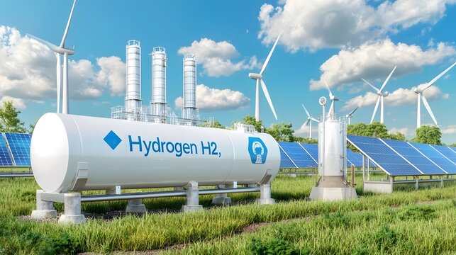 Cutting edge hydrogen energy storage plant integrated with solar panels and wind turbines providing clean electricity production in a futuristic AI driven sustainable energy infrastructure