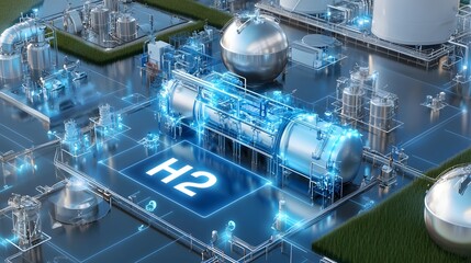 Top down view of a state of the art hydrogen production facility featuring BPVC compliant high pressure spherical storage tanks surrounded by smart industrial buildings