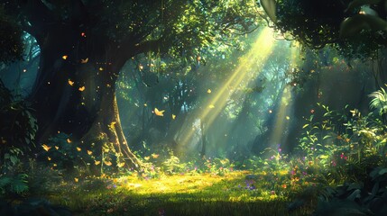 Enchanted forest bathed in sunlight with butterflies fluttering among vibrant wildflowers meadow