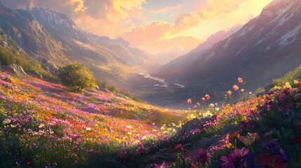 Serene mountain valley covered in vibrant wildflowers at sunset with majestic peaks around