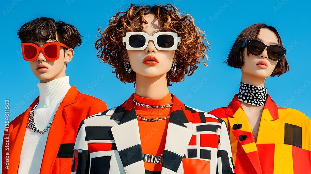 Poster Vibrant color blocked oversized blazer with clashing but coordinated tones featuring a model posing in a studio setting with a bold modern and edgy aesthetic