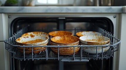 Unattended dishwasher with moldy plates and a foul-smelling interior