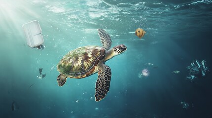 Fototapeta premium Sea Turtle Struggles Amid Ocean Pollution – The Impact of Plastic Waste on Marine Life