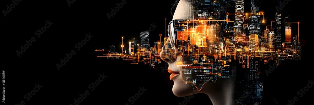 Poster vibrant futuristic digital cityscape with flowing data and innovative corporate architecture abstrac