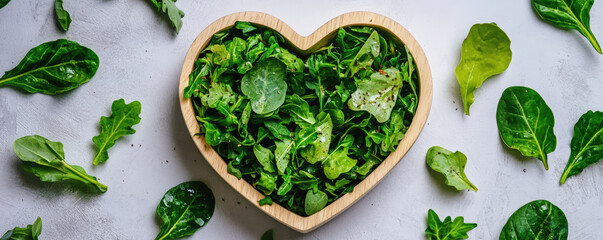 Obraz premium Fresh green salad styled in heart shaped bowl, surrounded by leafy greens, evokes sense of health and love for nutritious food. Perfect for wholesome meal