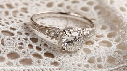 Obraz premium Intricately Crafted White Gold Engagement Ring on Delicate Lace Background