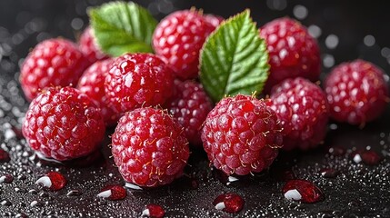 Fresh raspberries glistening with water droplets on a dark surface, surrounded by green leaves