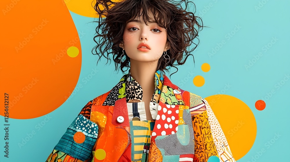 Poster Vibrant multicolored patchwork jacket with an eclectic and artsy fashion vibe featuring a bold mix of patterns textures and colors for a unique creative and contemporary style expression