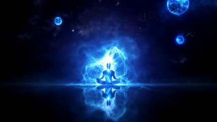 A silhouette of a meditating figure sits in a lotus position, surrounded by glowing blue energy and cosmic elements. The aura radiates from the body, creating a mystical, spiritual atmosphere.  