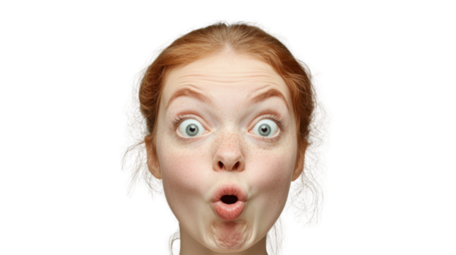 Close-up of surprised woman with red hair and freckles showing amazement on transparent background