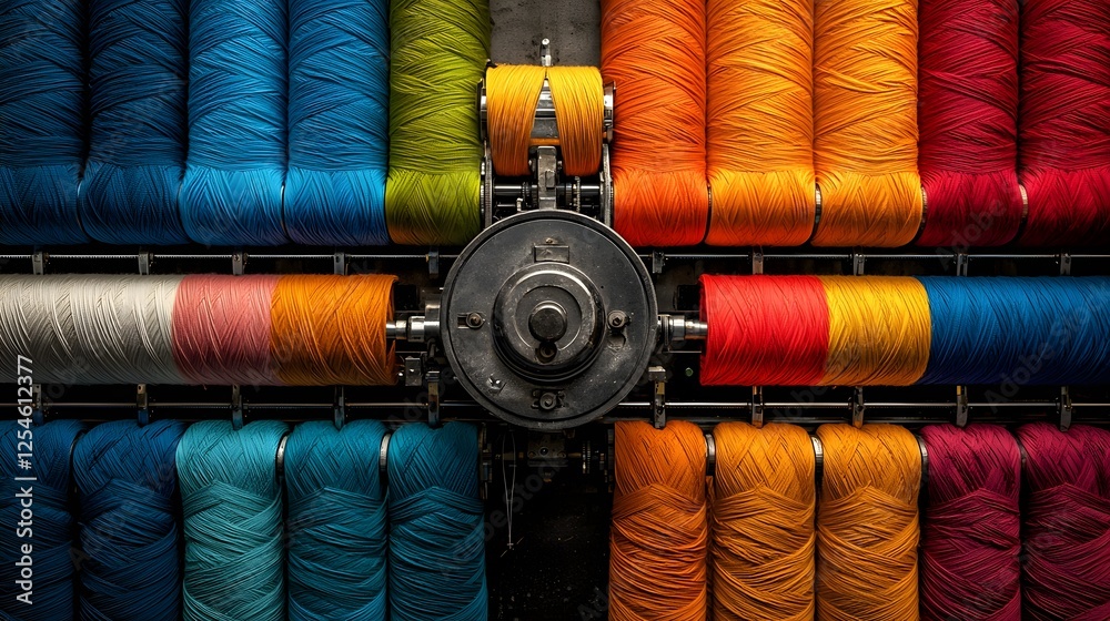 Poster vibrant textile printing machine producing colorful fabrics in an industrial production setting