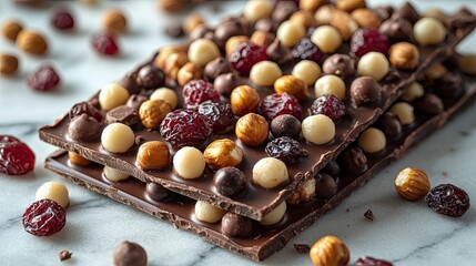 Chocolate bars topped with assorted nuts and dried fruits on a marble surface, ideal for desserts