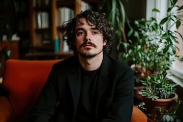 Stylish man poses in a chair near a window, greenery & bookcase behind. Lifestyle
