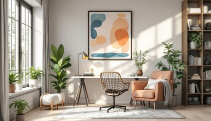 Modern home office with abstract art and indoor plants in a sunlit room