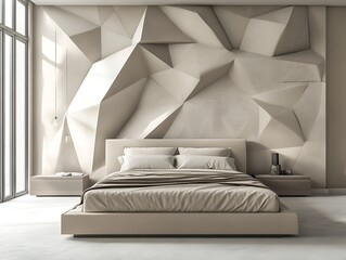 modern bedroom with geometric wall design and neutral tones