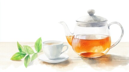 Warm teapot and steaming cup, a cozy tea time setting for relaxation enjoyment