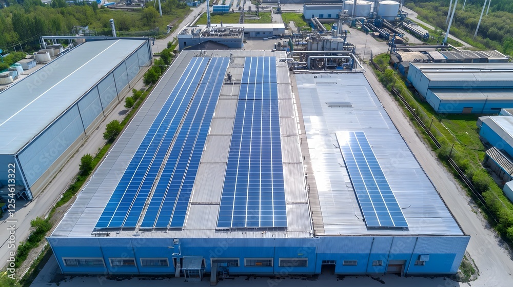 Aufkleber aerial view of high tech industrial complex with solar rooftops generating green electricity for pow