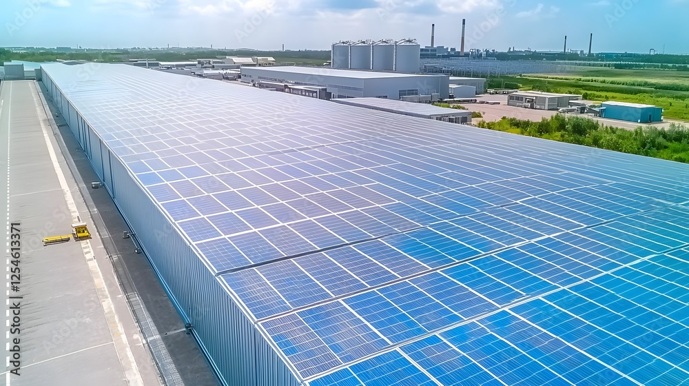 Poster aerial shot showcasing a massive warehouse equipped with an advanced solar photovoltaic panel system