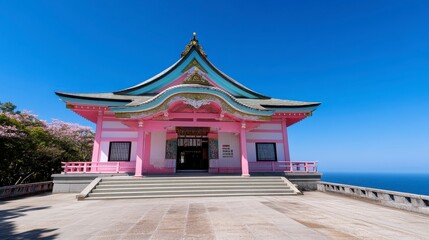 Obraz premium A pink temple with light teal accents on a coastal cliff under a clear blue sky, showcasing traditional architecture and a serene atmosphere