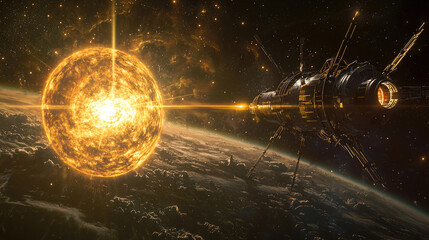 A futuristic spacecraft orbits a glowing sun, illuminating the dark expanse of space