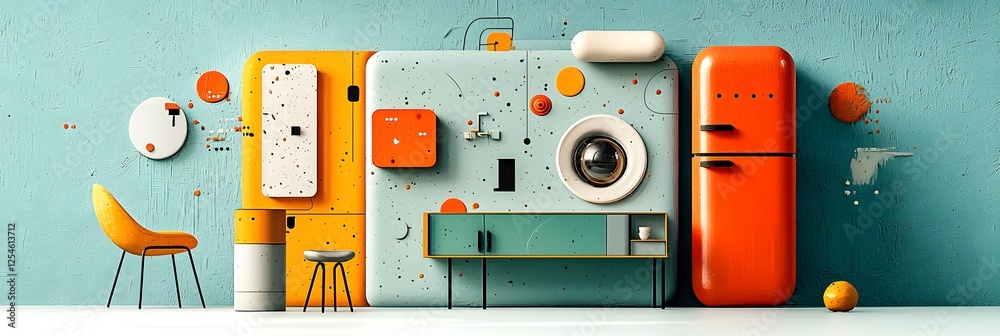 Poster Visually striking 3D design concept featuring a floating arrangement of modern futuristic objects in a soft pastel color palette  This minimalist abstract composition creates a dream like