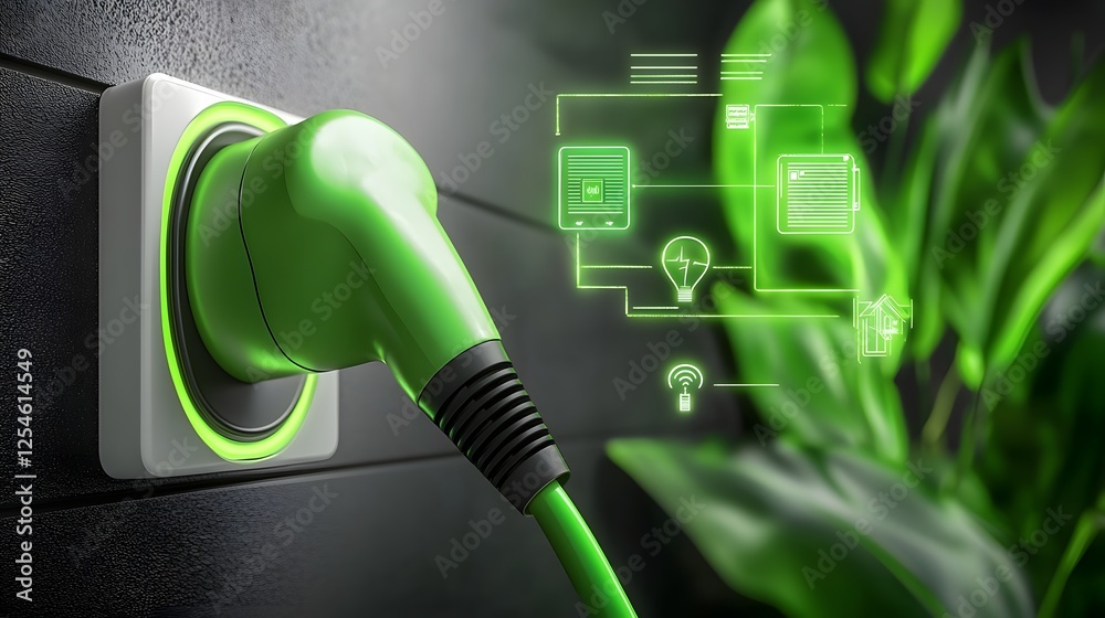 Poster futuristic close up of a sustainable energy connection featuring a green power plug connected to a c