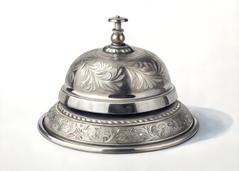 Vintage chrome metal service bell with classic design on white background