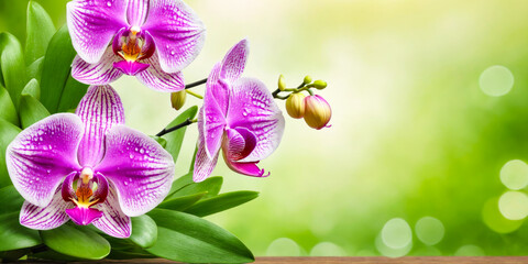 Naklejka premium Beautiful Purple Orchids with Water Droplets on Green Background