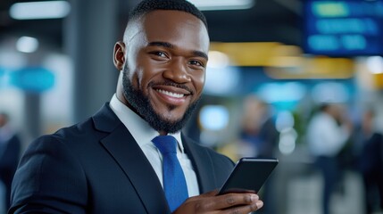 Fototapeta premium Smiling African American Businessman in Formal Suit and Tie Using Smartphone in an Office or Corporate Lobby Environment