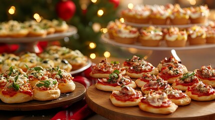 An array of mini pizzas with creative toppings, displayed on a festive table digital