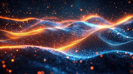 Abstract waves of blue and orange light shimmer against a dark background, creating a dynamic visual effect