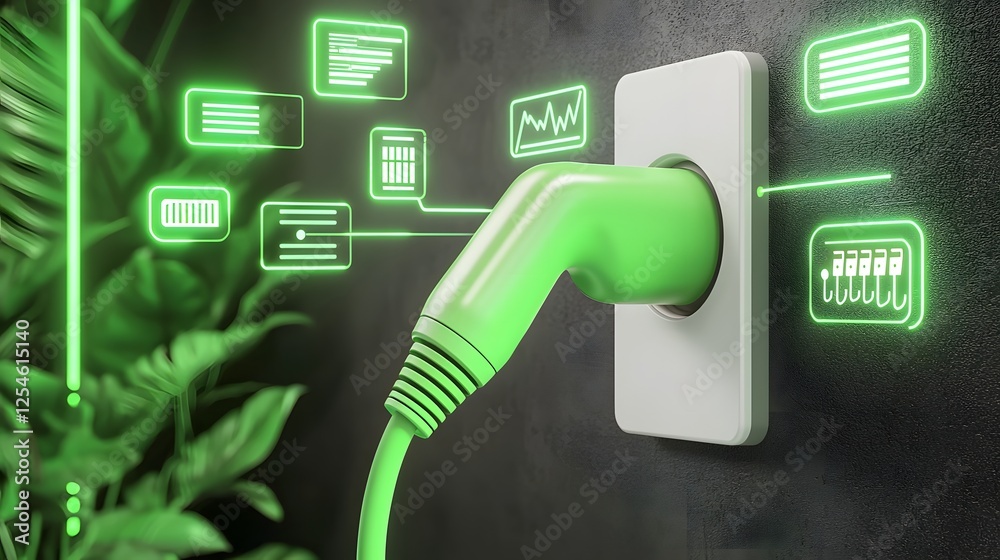 Poster a futuristic close up view of a sustainable energy connection featuring a green power plug securely 
