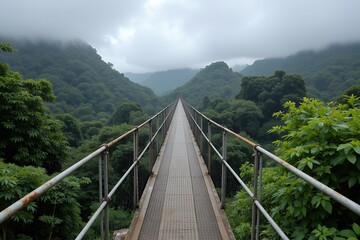 Obraz premium Serene Suspension Bridge Pathway Over Lush Green Mountain Valley Landscape