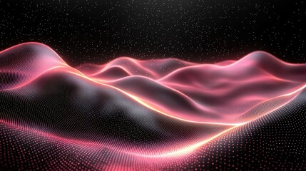 Obraz premium Abstract landscape of flowing waves with glowing lines and particles against a dark background