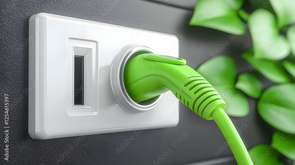 Poster closeup of a white electrical socket with a bright green power plug and wire embedded within a lush 