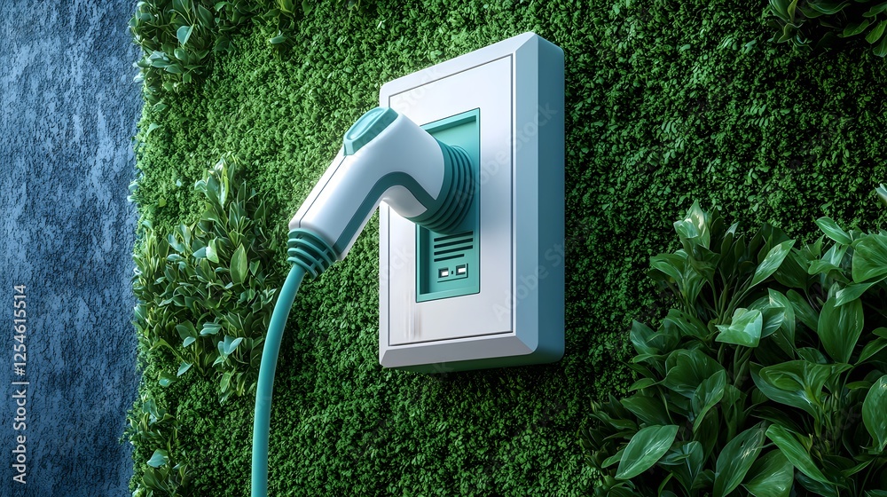 Aufkleber representation of green energy showcasing a white power socket with a green plug and wire on a moss 