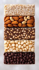 An appetizing display of assorted nut bars stacked neatly, showcasing a variety of textures and colors.