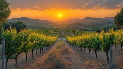 Fototapeta premium Serene vineyard landscape at sunset with rows of grapevines and distant mountains