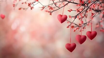 Naklejka premium Soft Pastel Pink Background Adorned with Lush Red Hearts Hanging from a Delicate Branch