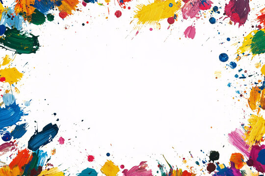 colorful abstract paint splatter background border frame with white center