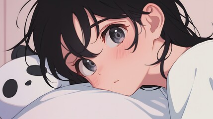 Close-up of an anime girl wearing white pajamas and crawling on the floor, with black hair, Generative AI