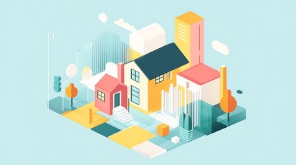 Isometric Illustration of a Colorful Suburban Neighborhood