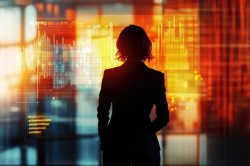 A businesswoman silhouetted against a vibrant display of financial data, symbolizing modern finance and technology.