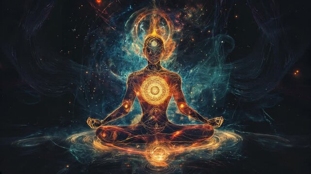 A glowing figure meditating in a cosmic space, surrounded by an ethereal aura of light. The background features vibrant stars and cosmic dust, evoking a surreal, mystical energy.