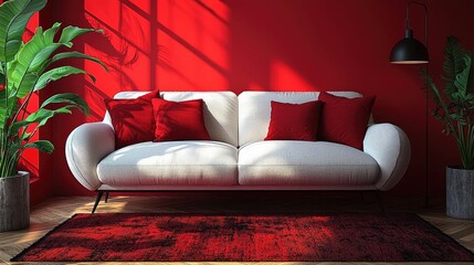 Cozy modern living room with a white sofa, red cushions, and vibrant red walls, showcasing sunlight