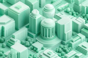 A stylized, monochromatic green cityscape featuring various buildings, parks, and structures, creating a modern urban environment.