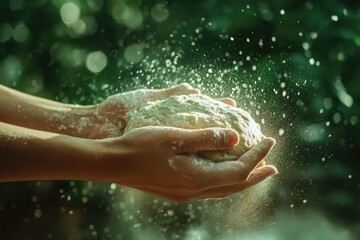 Fototapeta premium Hands gently cradling a ball of dough, flour dust dances in the air, creating a magical baking scene.
