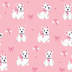 Seamless pattern with cute white Scottish terriers with pink bows. Vector graphics.
